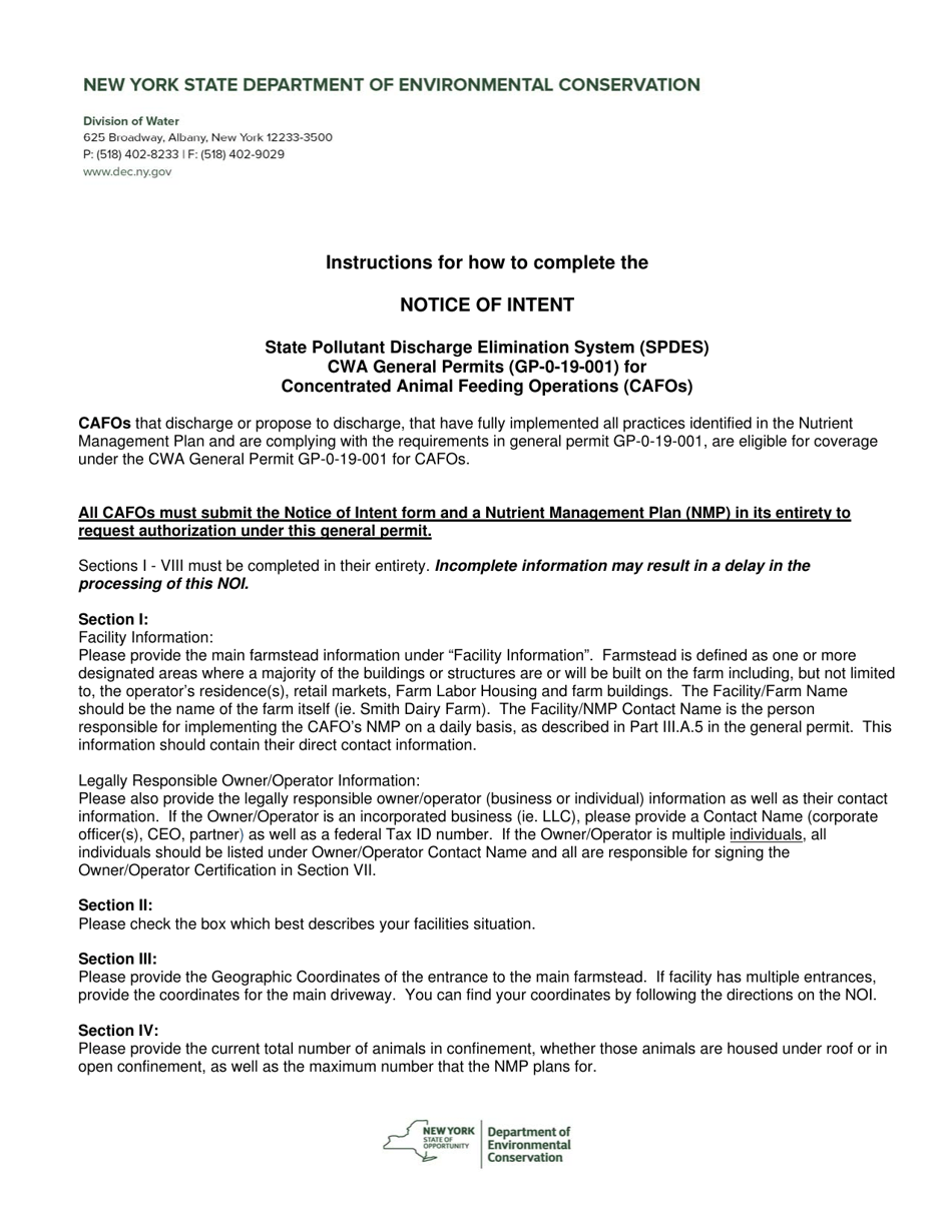 Notice of Intent for State Pollutant Discharge Elimination System (Spdes) Cwa General Permits (Gp-0-19-001) for Concentrated Animal Feeding Operations (Cafos) - New York, Page 1