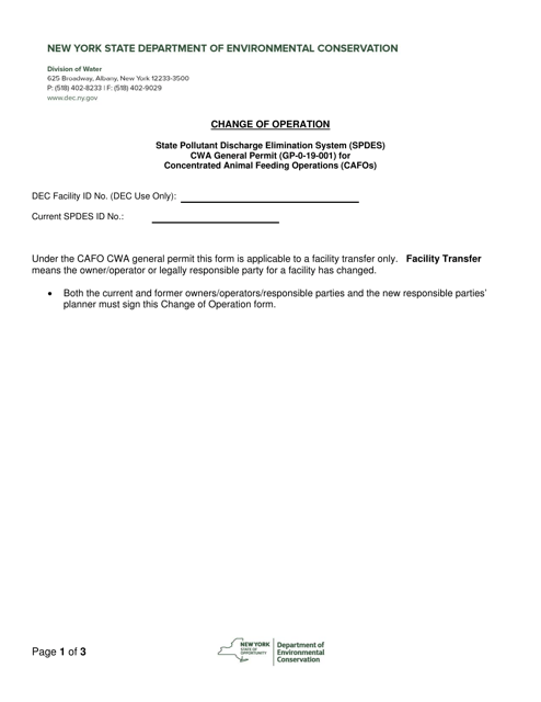 Change of Operation - State Pollutant Discharge Elimination System (Spdes) Cwa General Permit (Gp-0-19-001) for Concentrated Animal Feeding Operations (Cafos) - New York Download Pdf