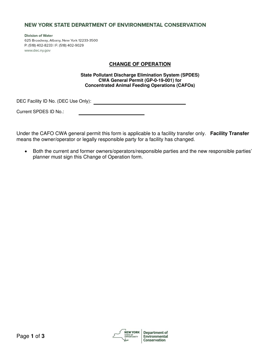 Change of Operation - State Pollutant Discharge Elimination System (Spdes) Cwa General Permit (Gp-0-19-001) for Concentrated Animal Feeding Operations (Cafos) - New York, Page 1