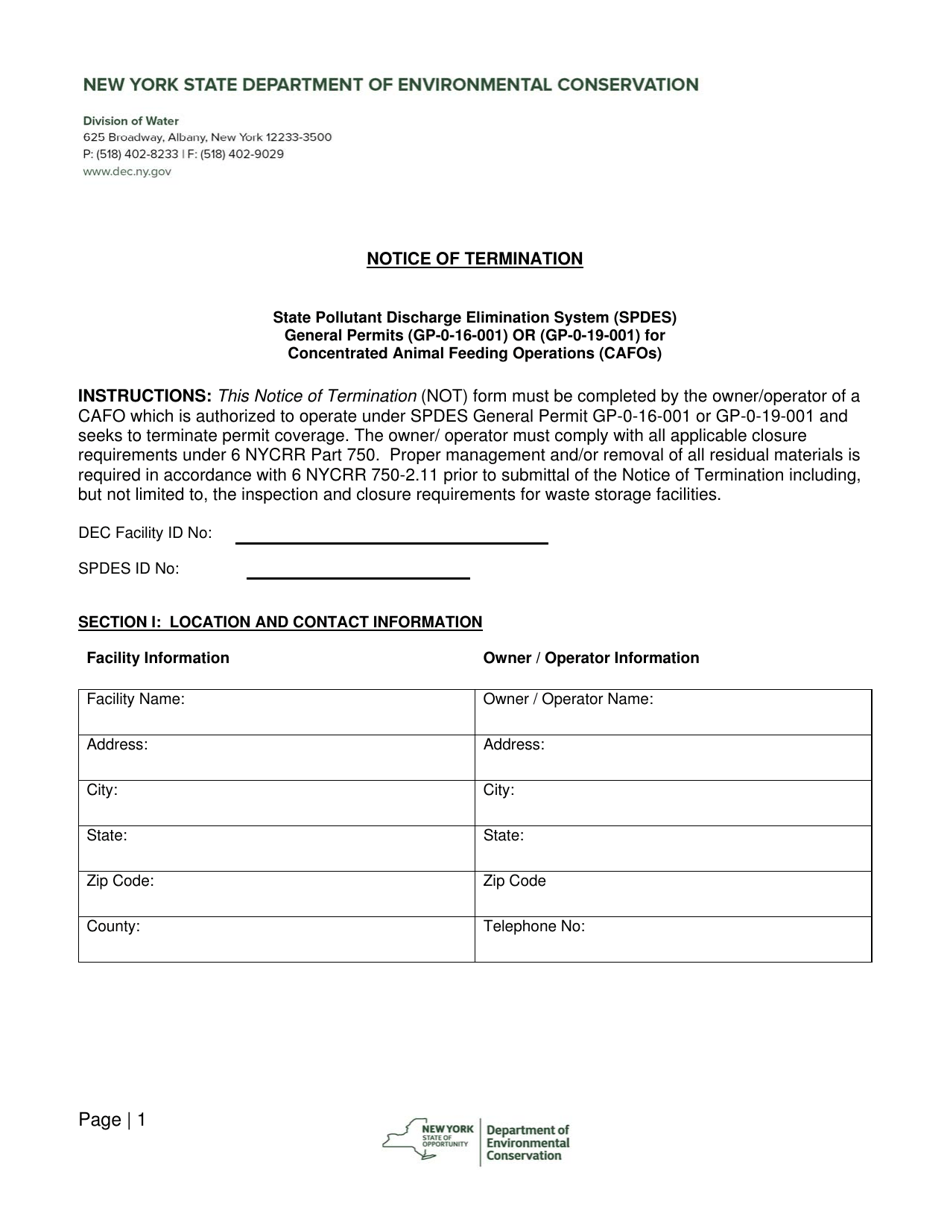 Notice of Termination - State Pollutant Discharge Elimination System (Spdes) General Permits (Gp-0-16-001) or (Gp-0-19-001) for Concentrated Animal Feeding Operations (Cafos) - New York, Page 1