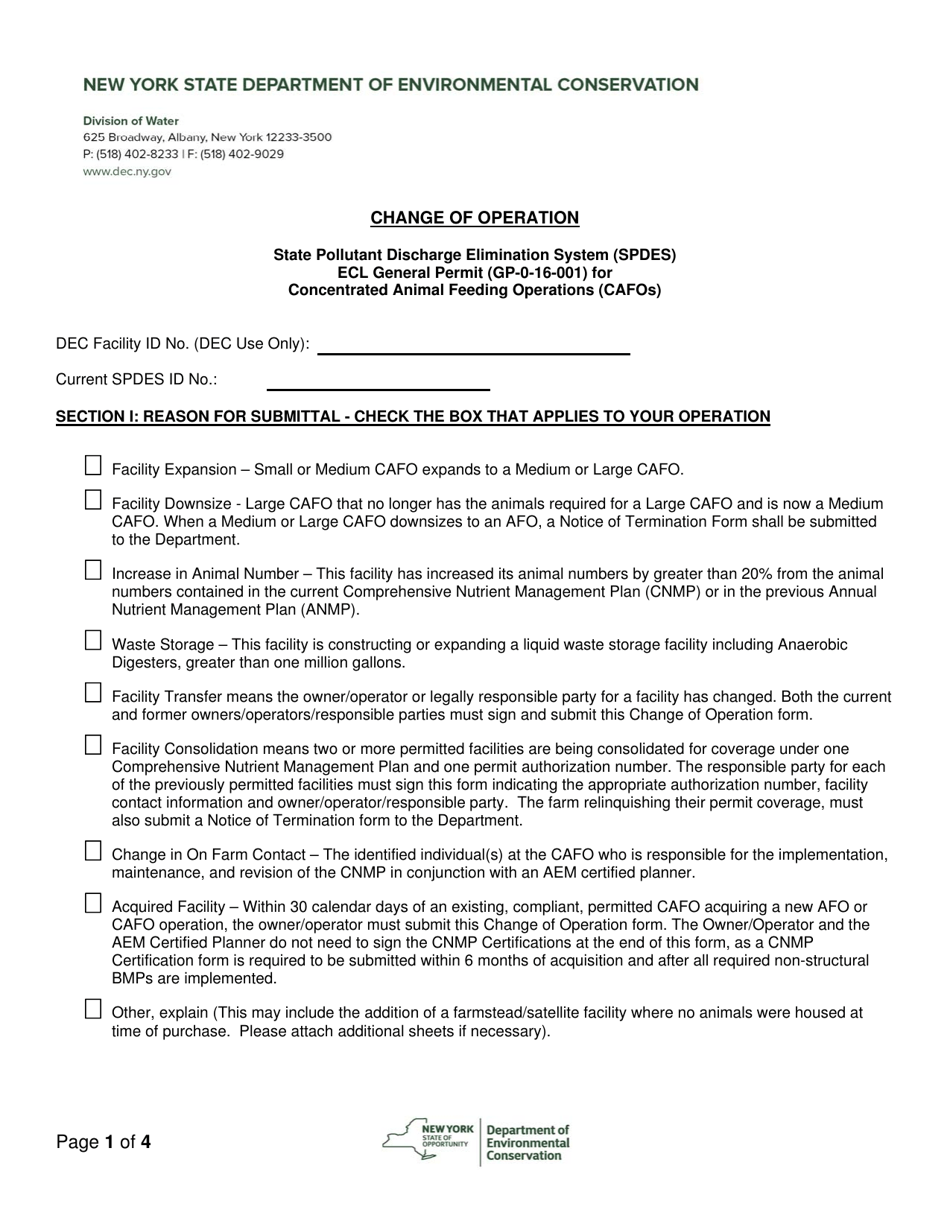 Change of Operation - State Pollutant Discharge Elimination System (Spdes) Ecl General Permit (Gp-0-16-001) for Concentrated Animal Feeding Operations (Cafos) - New York, Page 1