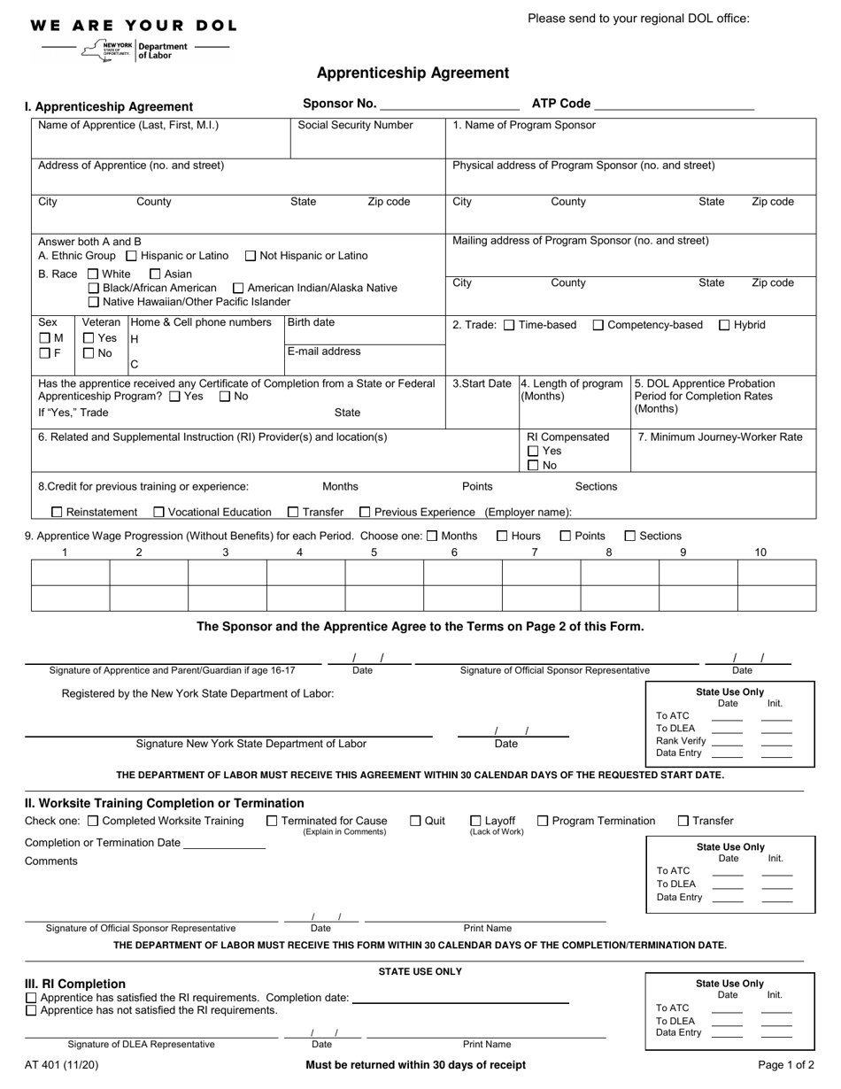 Form AT401 Apprenticeship Agreement - New York, Page 1