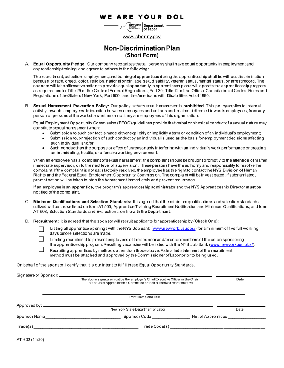 Form AT602 Non-discrimination Plan (Short Form) - New York, Page 1