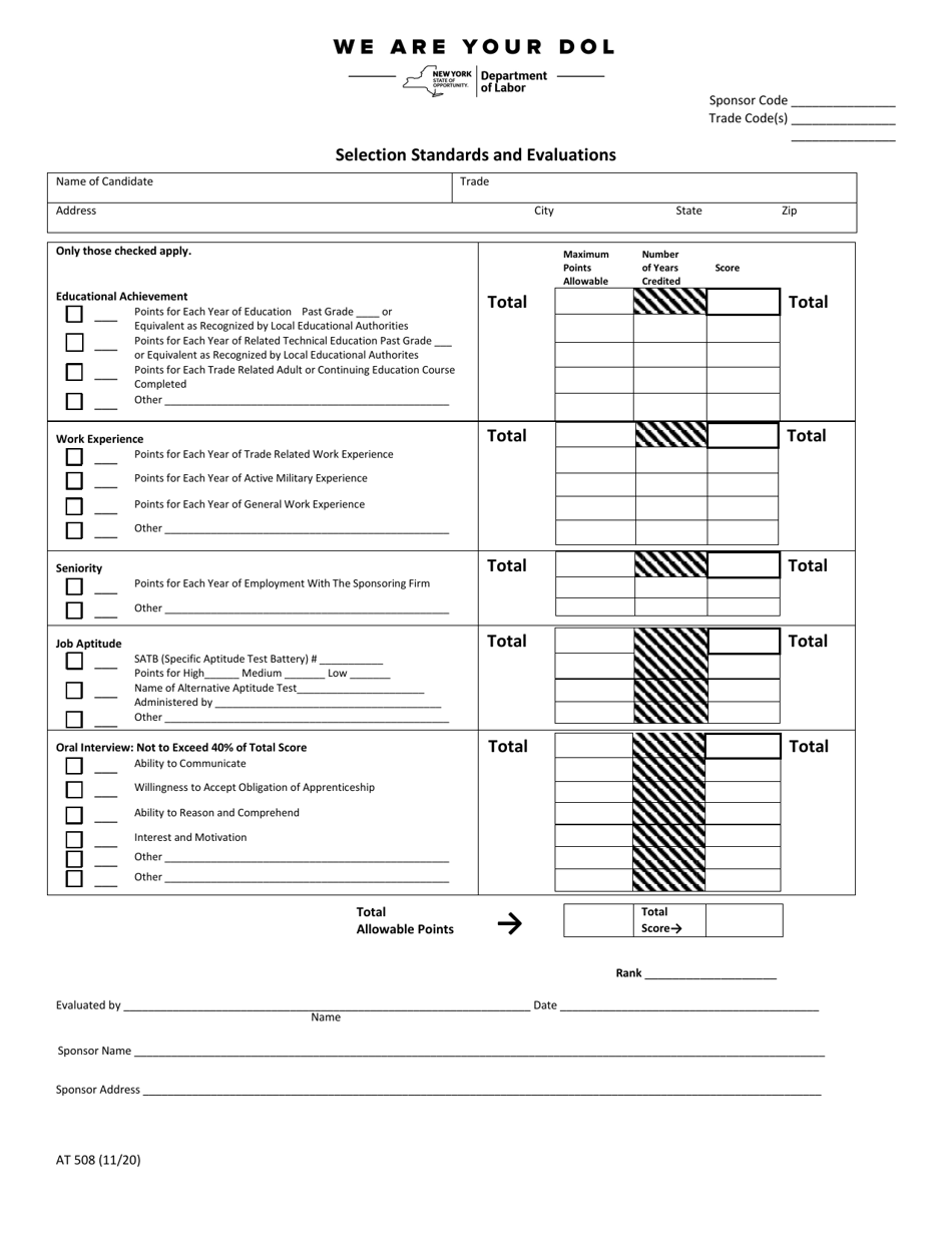 Form AT508 Selection Standards and Evaluations - New York, Page 1
