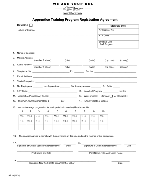 Form AT10 Apprentice Training Program Registration Agreement - New York