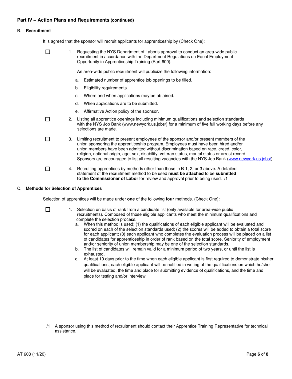 Form AT603 Apprentice Training Program Affirmative Action Plan - New York, Page 6