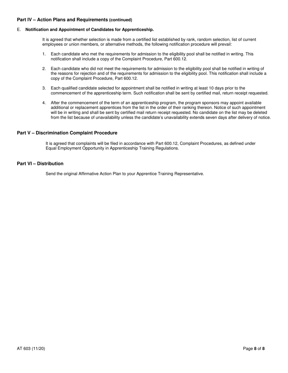 Form AT603 Apprentice Training Program Affirmative Action Plan - New York, Page 8