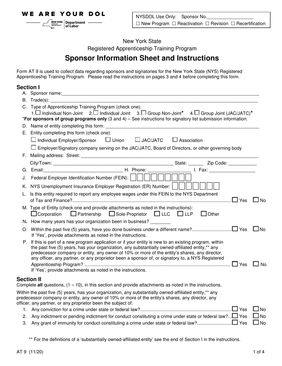 Form AT9 Sponsor Information Sheet - New York, Page 1