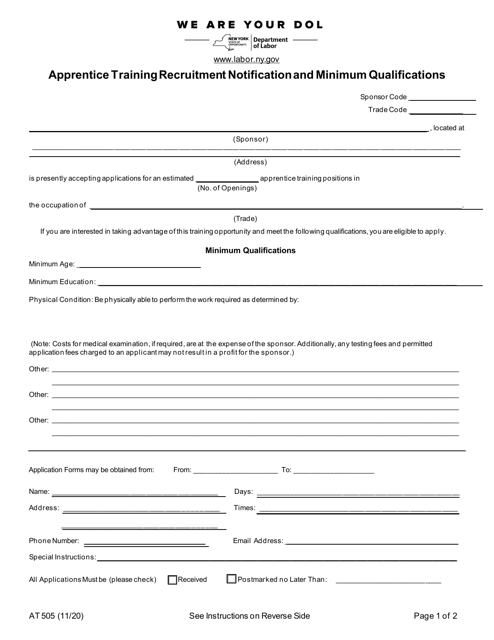 Form AT505 Apprentice Training Recruitment Notification and Minimum Qualifications - New York