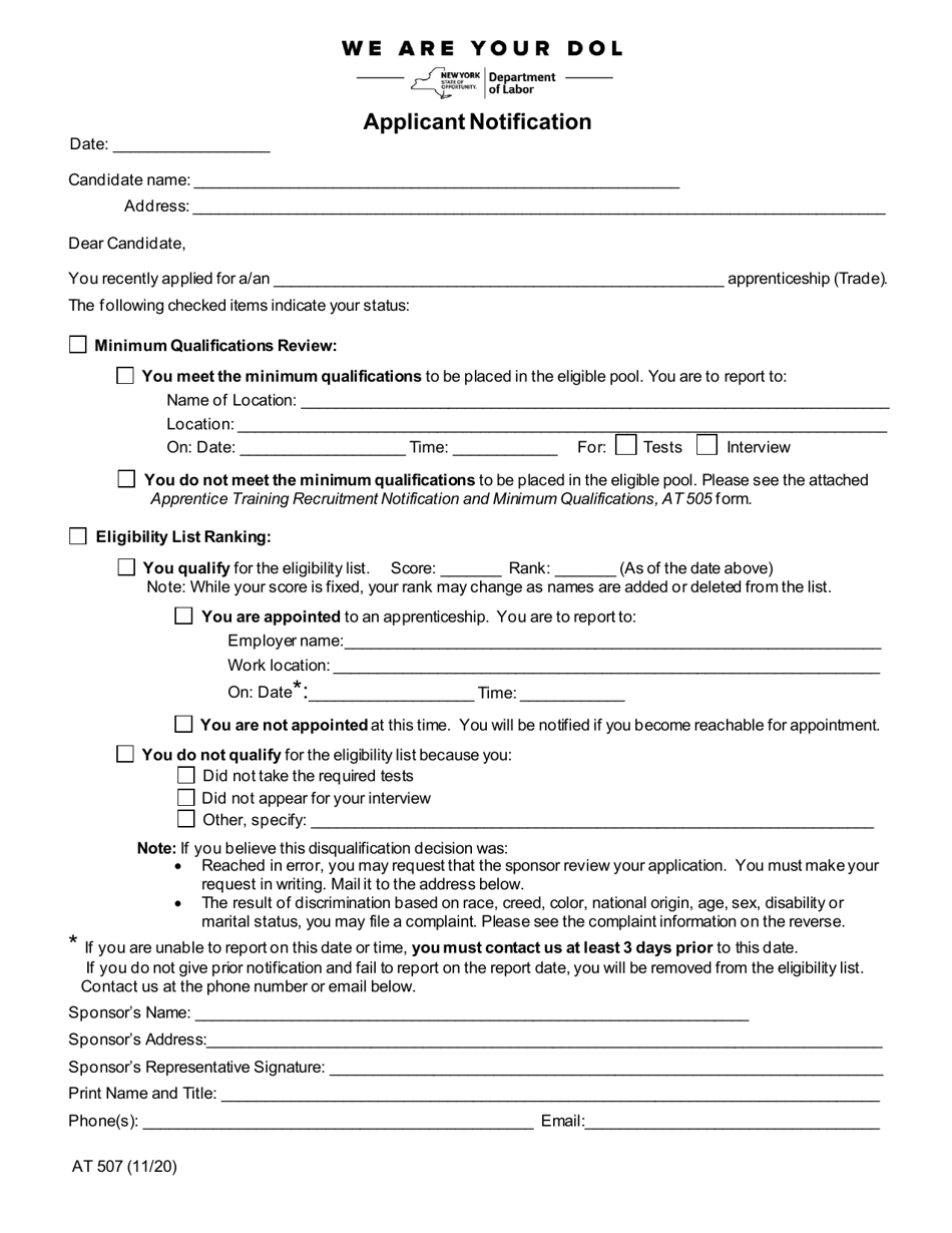 Form AT507 Applicant Notification - New York, Page 1