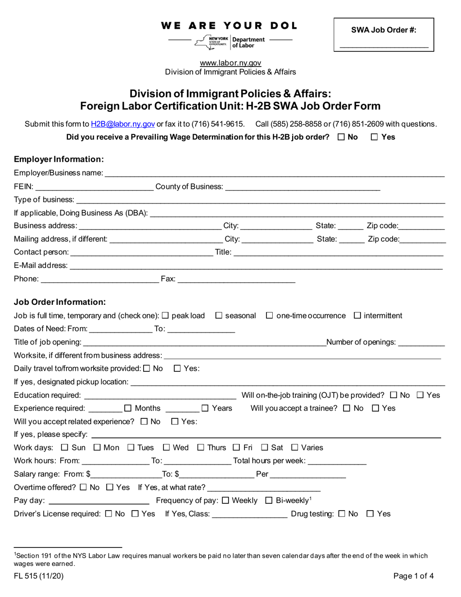 Form FL515 H-2b Swa Job Order Form - New York, Page 1