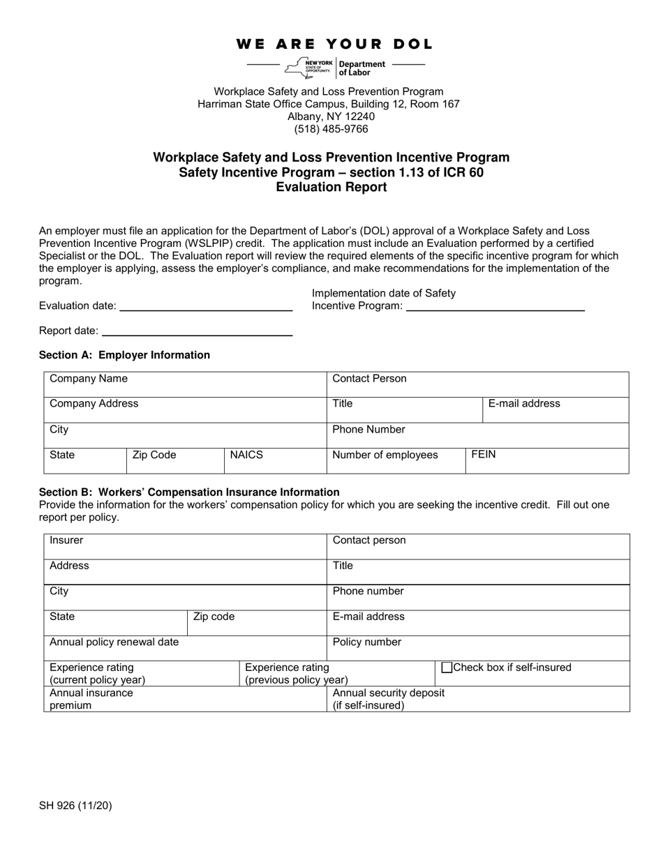 Form SH926 Workplace Safety and Loss Prevention Incentive Program Safety Incentive Program - Section 1.13 of Icr 60 Evaluation Report - New York, Page 1
