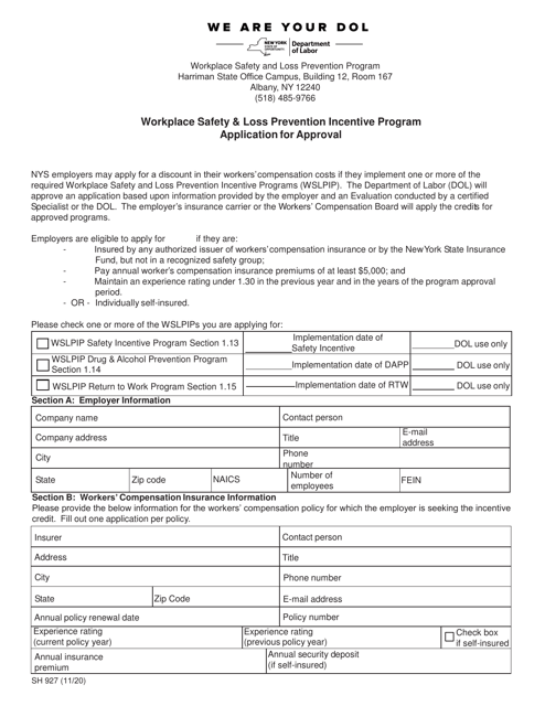 Form SH927 Workplace Safety & Loss Prevention Incentive Program Application for Approval - New York
