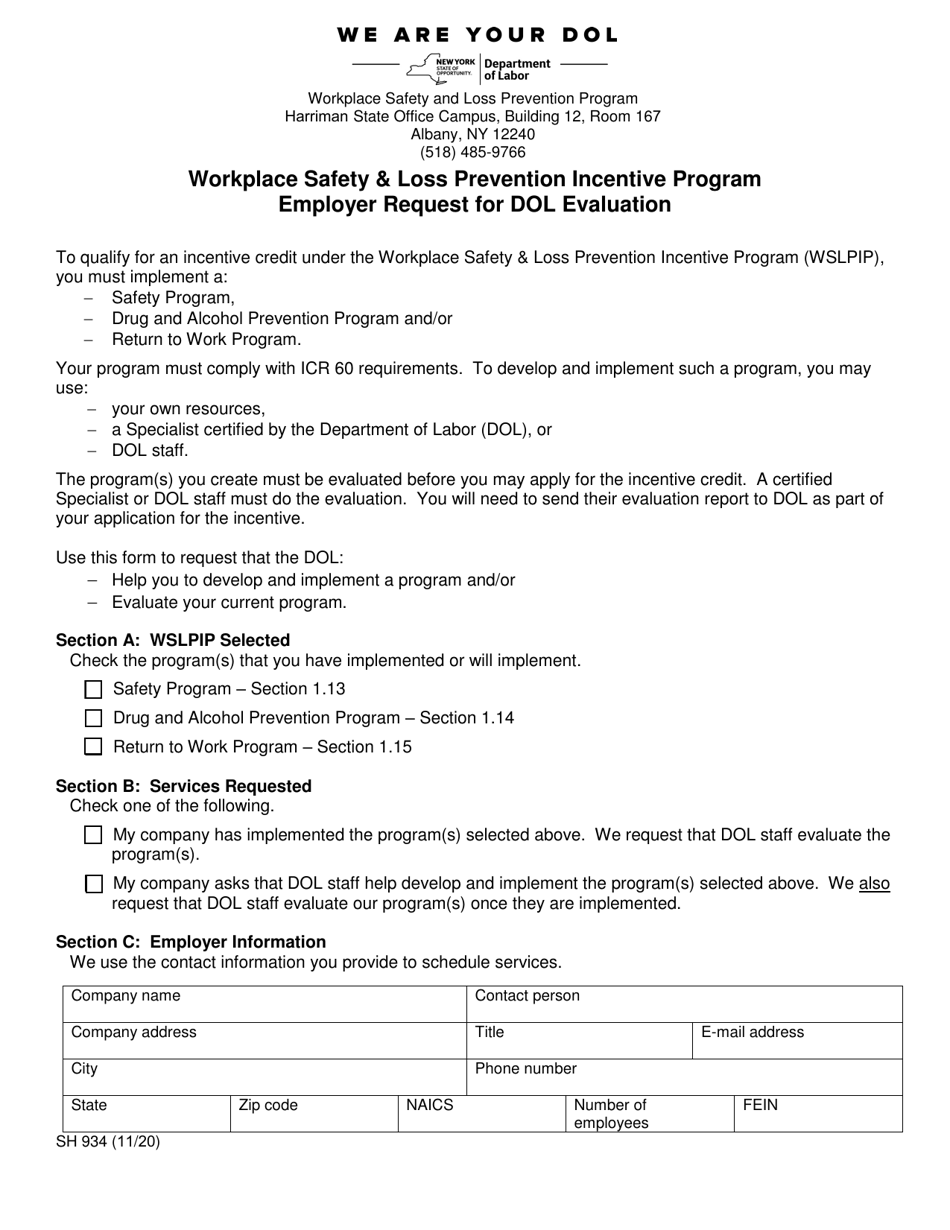 Form SH934 Workplace Safety  Loss Prevention Incentive Program Employer Request for Dol Evaluation - New York, Page 1