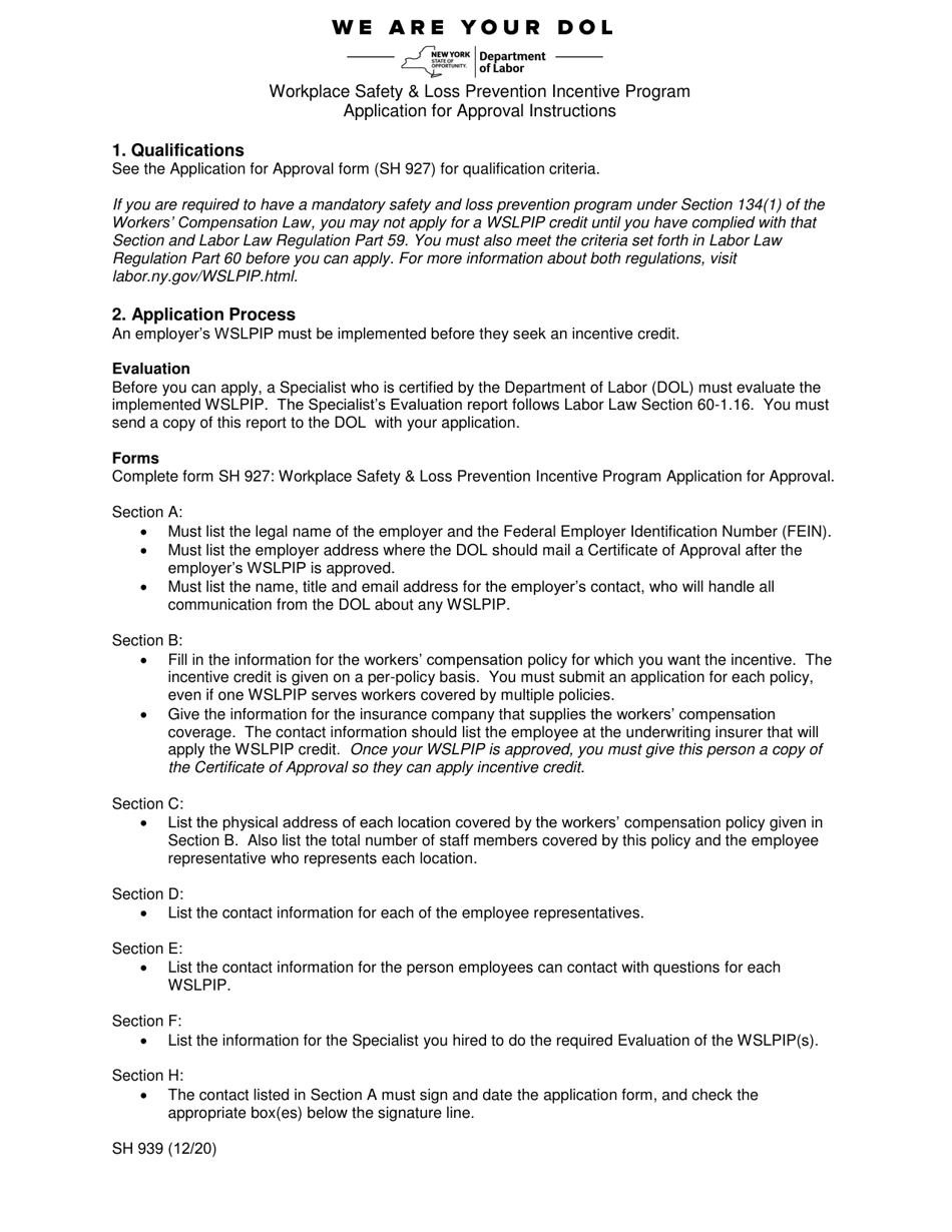Instructions for Form SH927 Workplace Safety  Loss Prevention Incentive Program Application for Approval - New York, Page 1