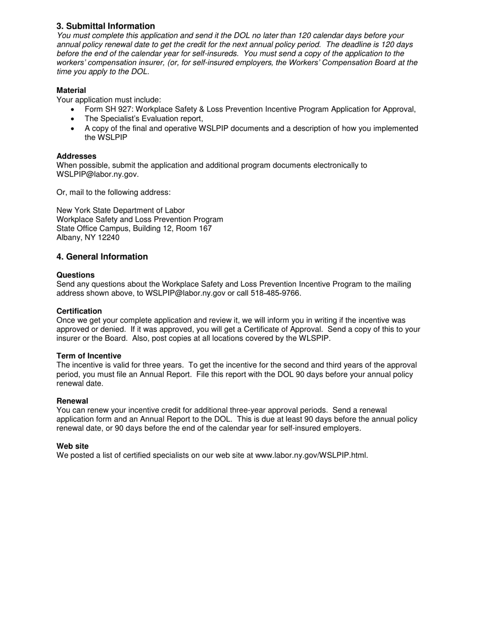 Instructions for Form SH927 Workplace Safety  Loss Prevention Incentive Program Application for Approval - New York, Page 2