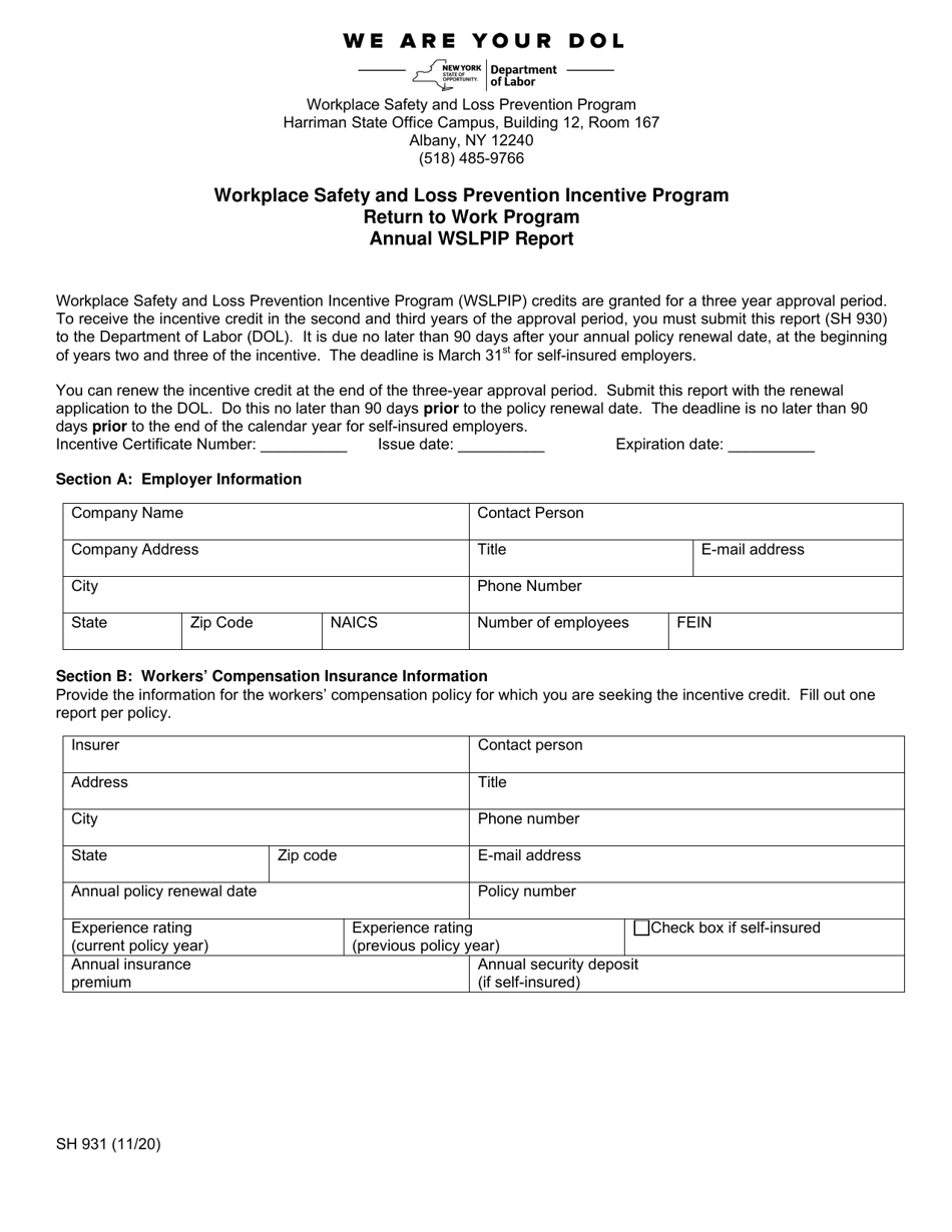 Form SH931 Workplace Safety and Loss Prevention Incentive Program Return to Work Program Annual Wslpip Report - New York, Page 1