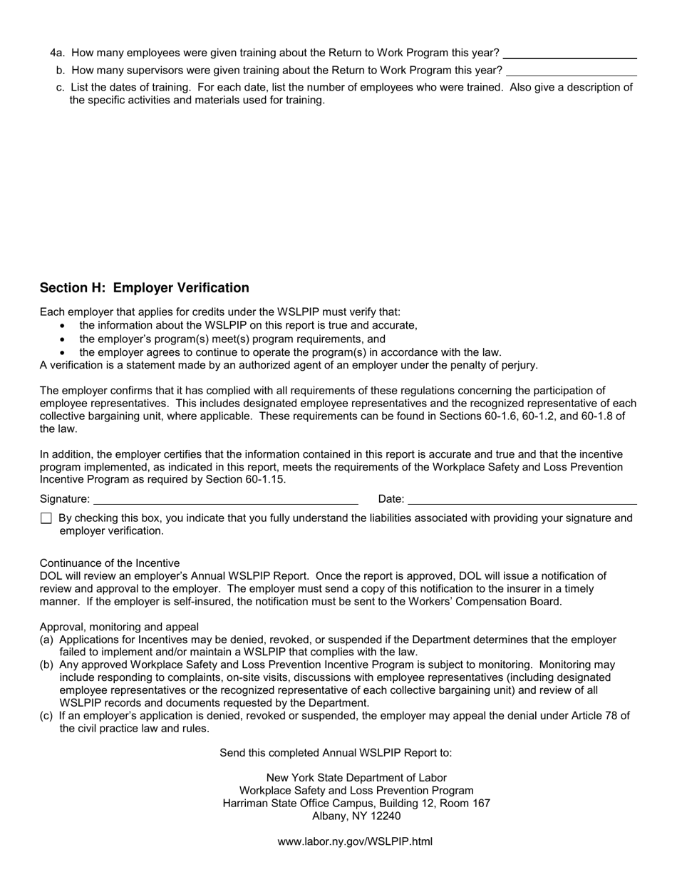 Form SH931 Workplace Safety and Loss Prevention Incentive Program Return to Work Program Annual Wslpip Report - New York, Page 4