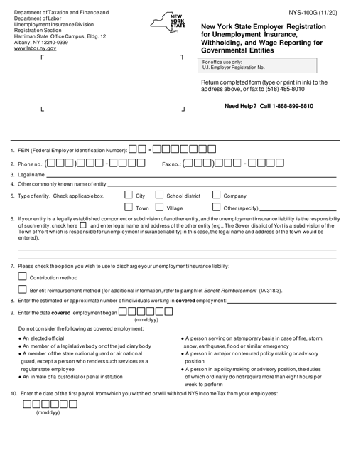 Form NYS-100G New York State Employer Registration for Unemployment Insurance, Withholding, and Wage Reporting for Governmental Entities - New York