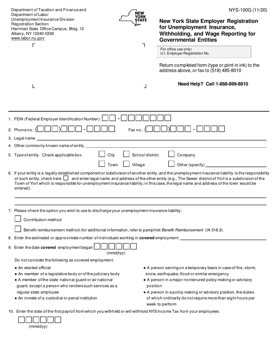 Form NYS-100G New York State Employer Registration for Unemployment Insurance, Withholding, and Wage Reporting for Governmental Entities - New York, Page 1