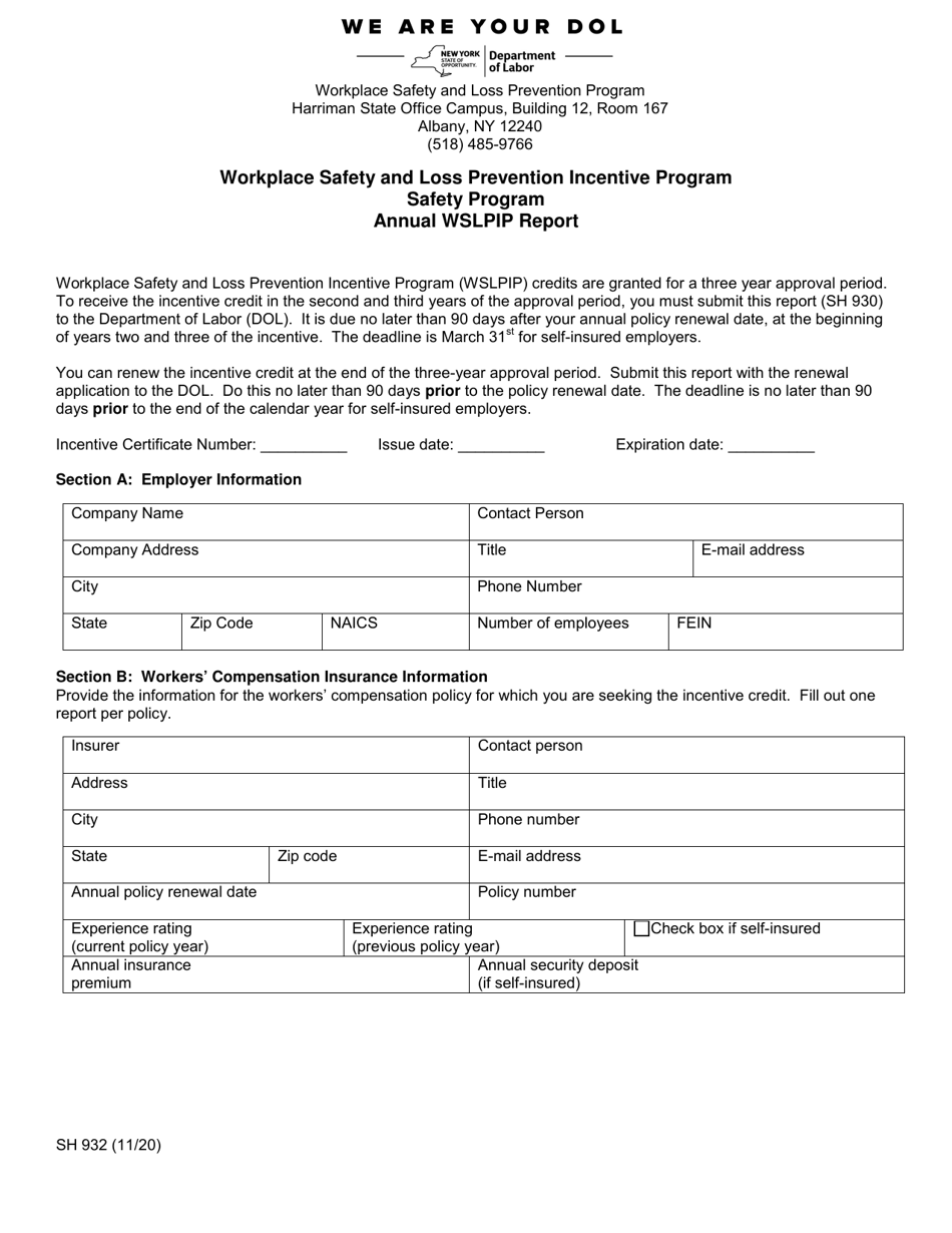 Form SH932 Workplace Safety and Loss Prevention Incentive Program Safety Program Annual Wslpip Report - New York, Page 1