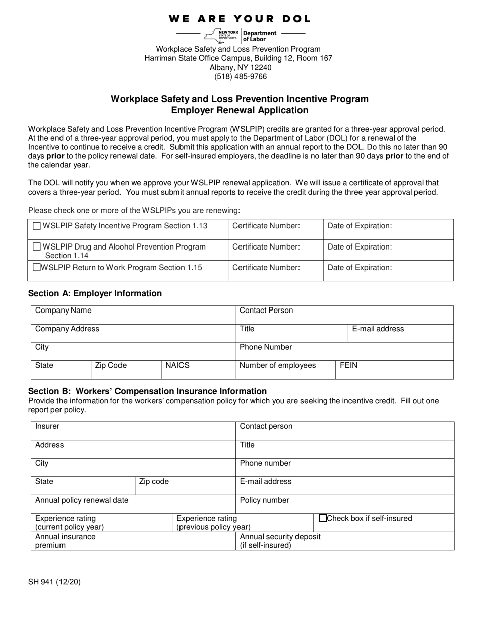 Form SH941 Workplace Safety and Loss Prevention Incentive Program Employer Renewal Application - New York, Page 1