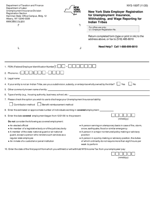 Form NYS-100IT New York State Employer Registration for Unemployment Insurance, Withholding, and Wage Reporting for Indian Tribes - New York
