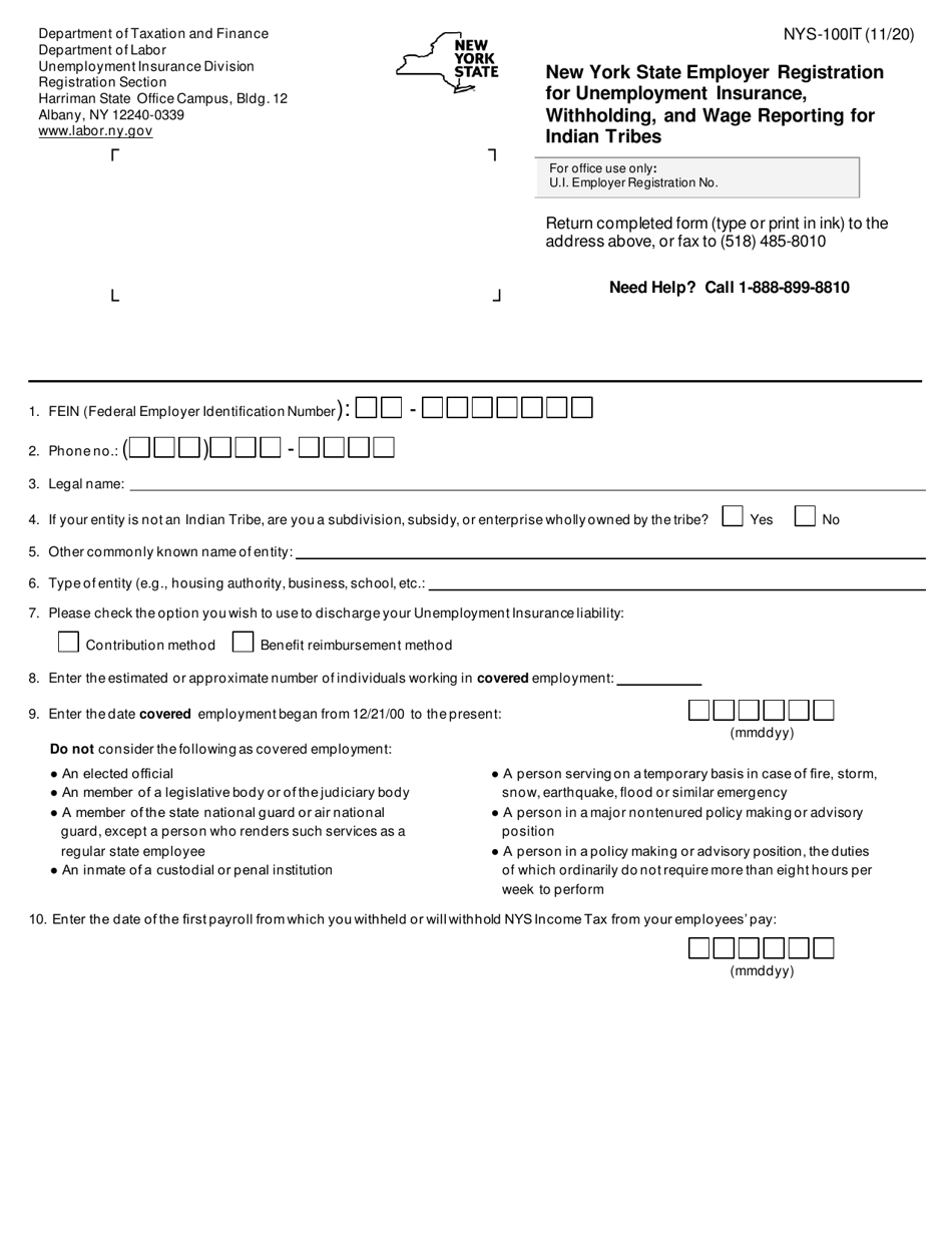 Form NYS-100IT New York State Employer Registration for Unemployment Insurance, Withholding, and Wage Reporting for Indian Tribes - New York, Page 1