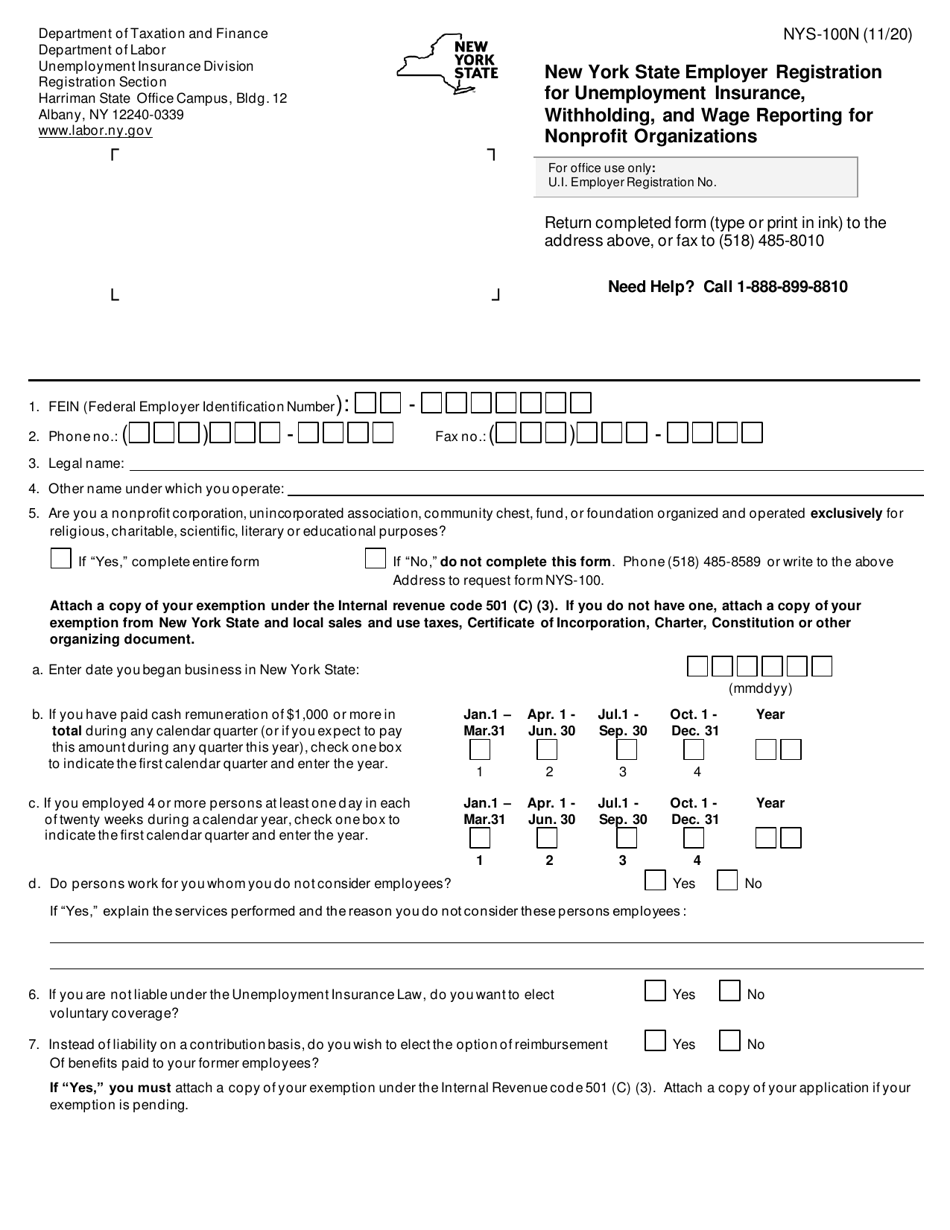 Form NYS-100N New York State Employer Registration for Unemployment Insurance, Withholding, and Wage Reporting for Nonprofit Organizations - New York, Page 1