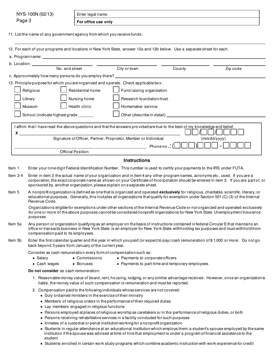 Form NYS-100N New York State Employer Registration for Unemployment Insurance, Withholding, and Wage Reporting for Nonprofit Organizations - New York, Page 3