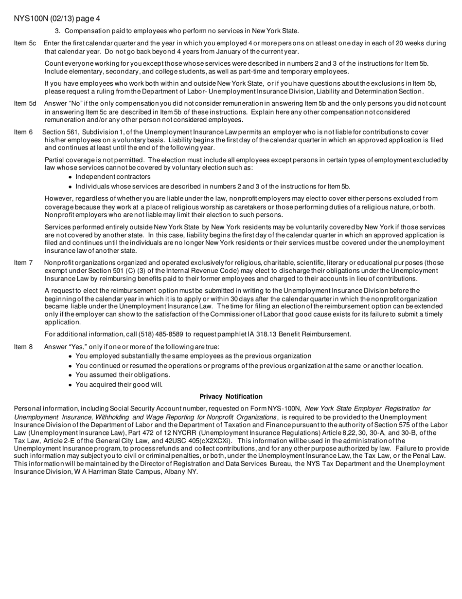 Form NYS-100N New York State Employer Registration for Unemployment Insurance, Withholding, and Wage Reporting for Nonprofit Organizations - New York, Page 4