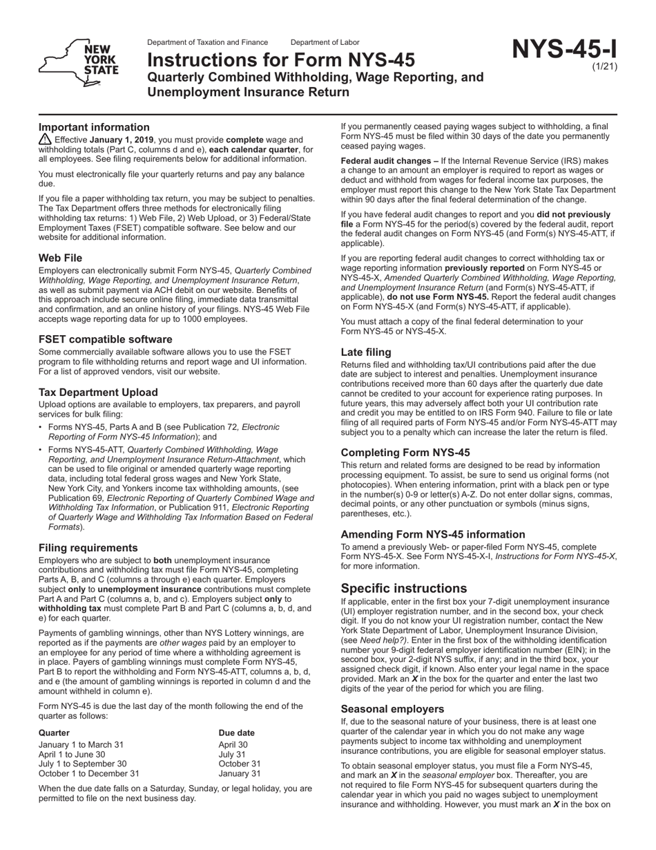 Instructions for Form NYS-45 Quarterly Combined Withholding, Wage Reporting, and Unemployment Insurance Return - New York, Page 1