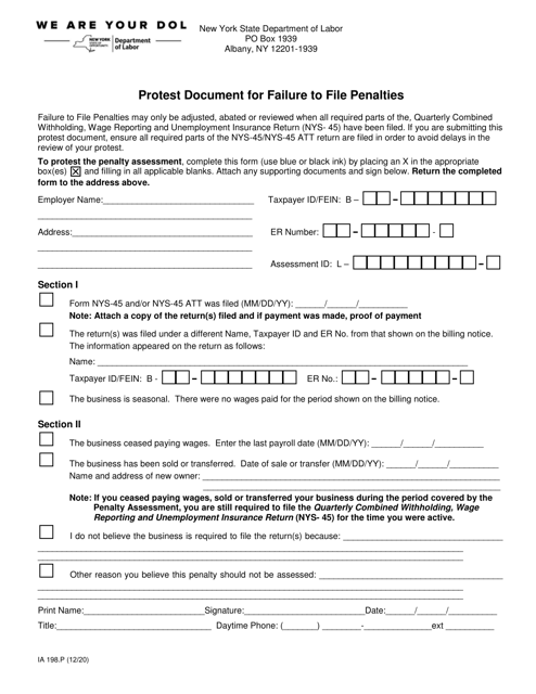 Form IA198.P Protest Document for Failure to File Penalties - New York