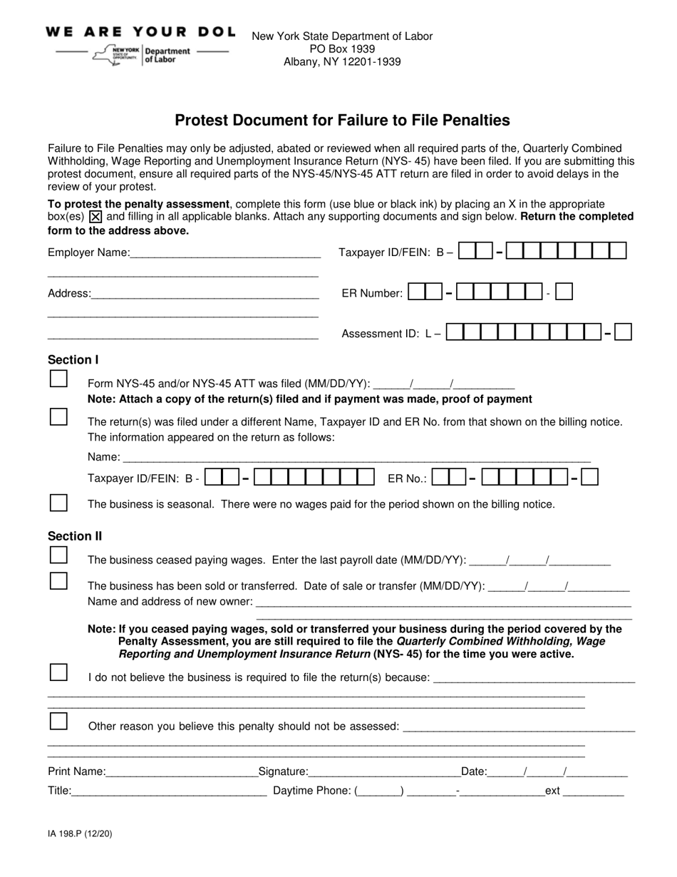 Form IA198.P Protest Document for Failure to File Penalties - New York, Page 1