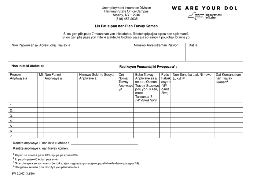 Form SW2.2HC Shared Work Plan Participant Listing - New York (Haitian Creole)