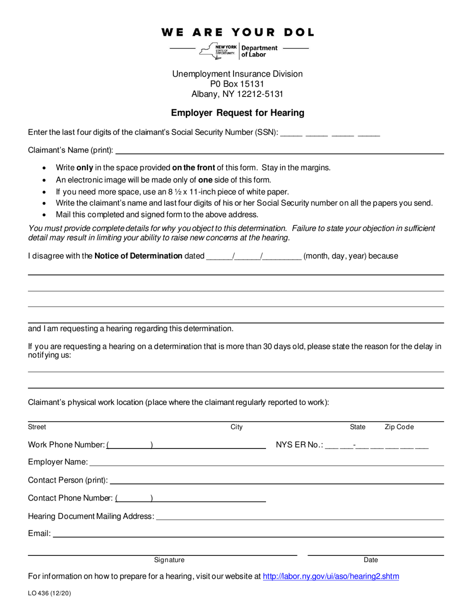Form LO436 Employer Request for Hearing - New York, Page 1
