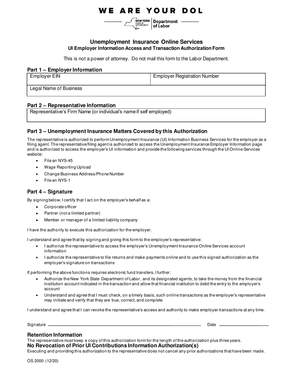 Form OS2000 Unemployment Insurance Online Services Employer Information Access and Transaction Authorization Form - New York, Page 1