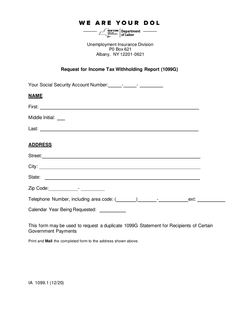 Form IA1099.1 Request for Income Tax Withholding Report (1099g) - New York, Page 1
