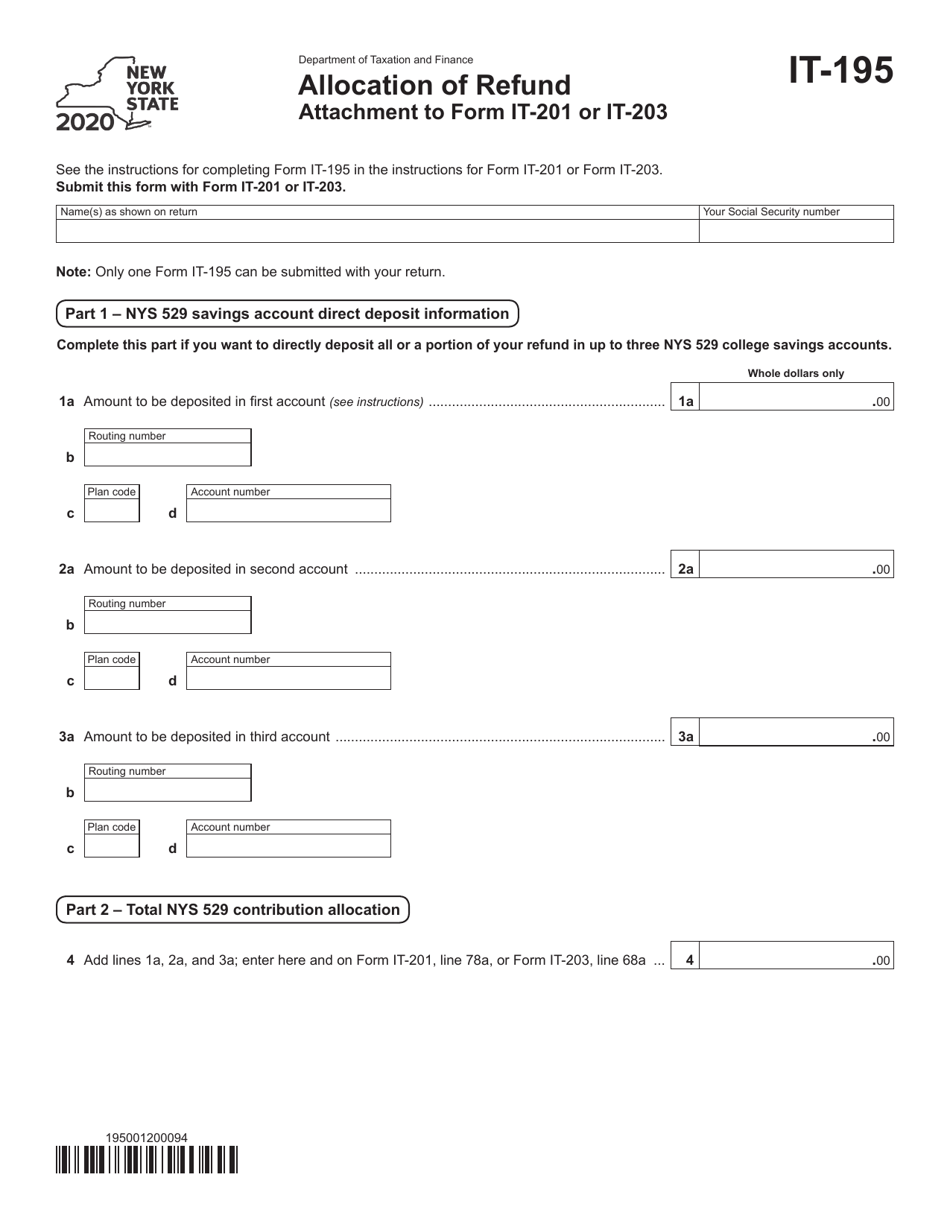 Form IT-195 Allocation of Refund - New York, Page 1