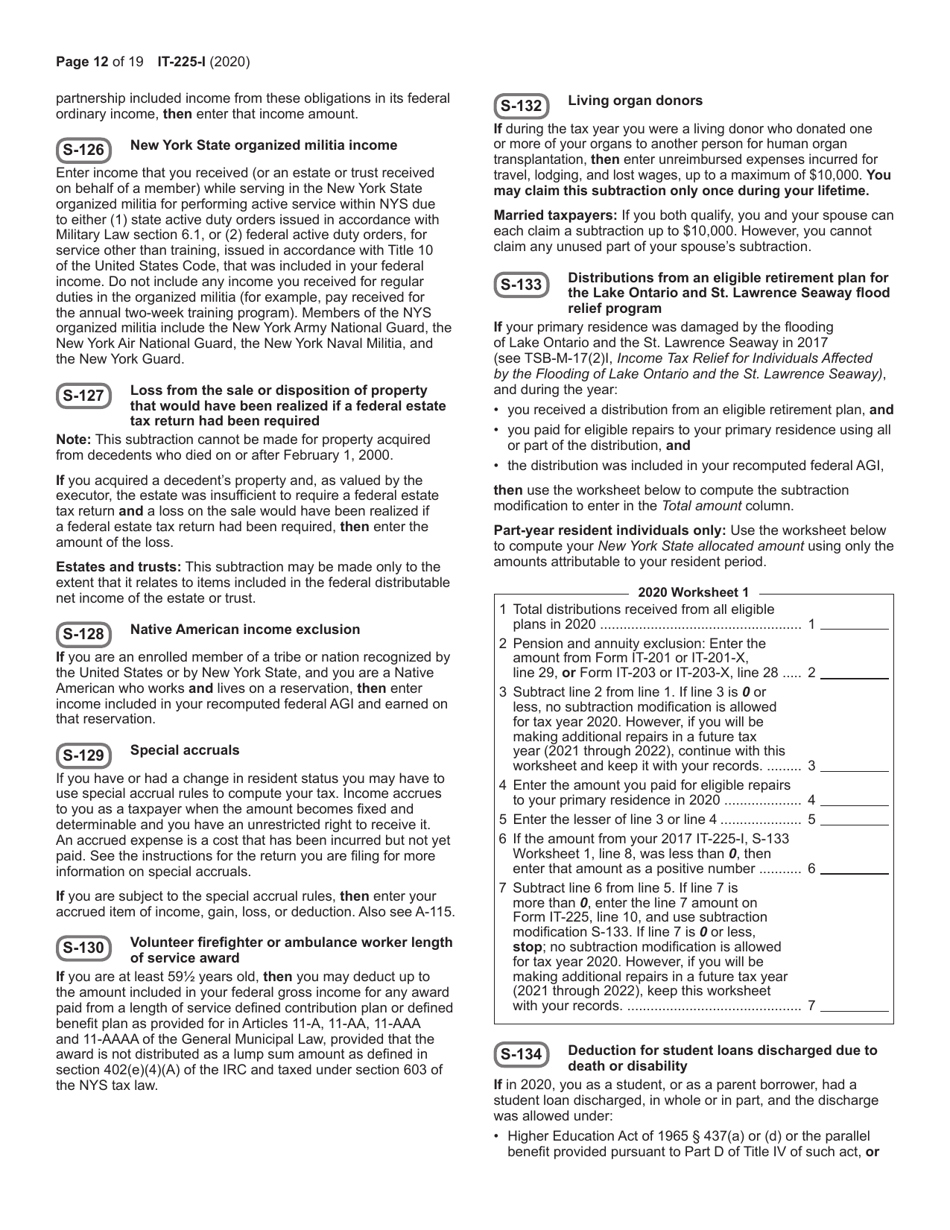 Instructions for Form IT-225 New York State Modifications - New York, Page 12
