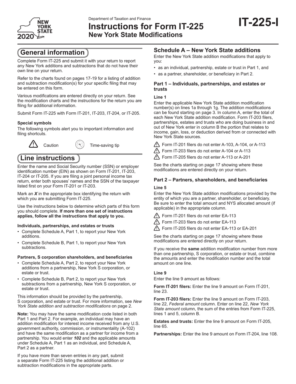 Instructions for Form IT-225 New York State Modifications - New York, Page 1