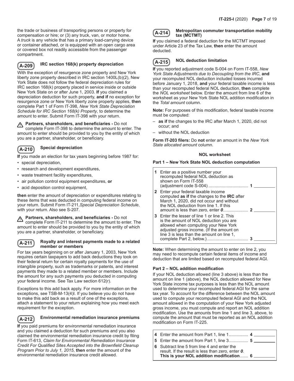 Instructions for Form IT-225 New York State Modifications - New York, Page 7
