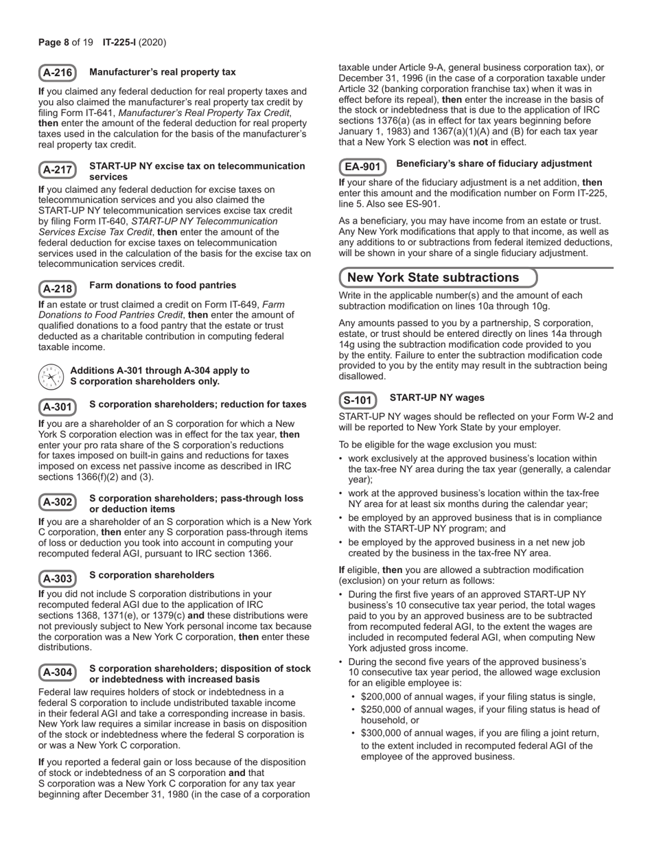Instructions for Form IT-225 New York State Modifications - New York, Page 8