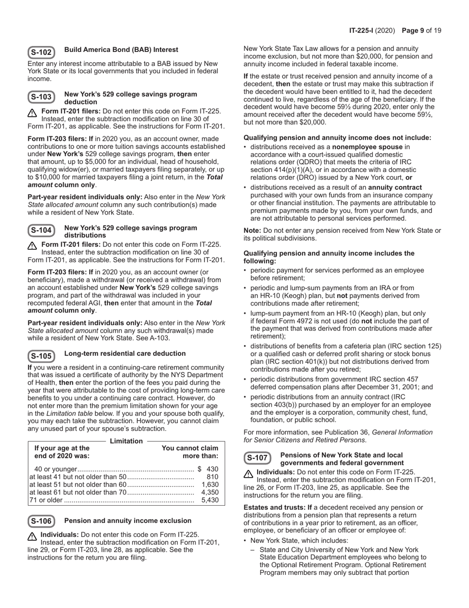 Instructions for Form IT-225 New York State Modifications - New York, Page 9
