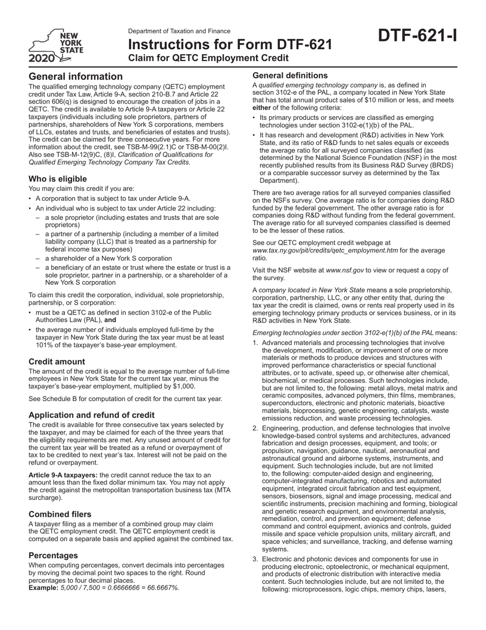 Instructions for Form DTF-621 Claim for Qetc Employment Credit - New York, Page 1