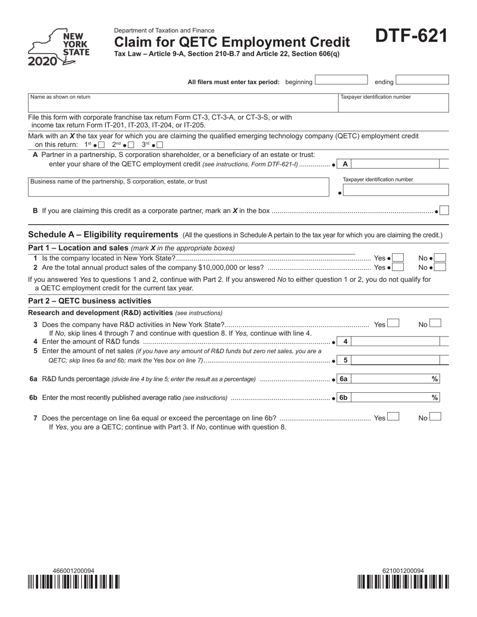 Form DTF-621 Claim for Qetc Employment Credit - New York, Page 1