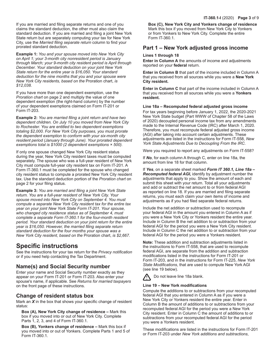 Instructions for Form IT-360.1 Change of City Resident Status - New York, Page 3