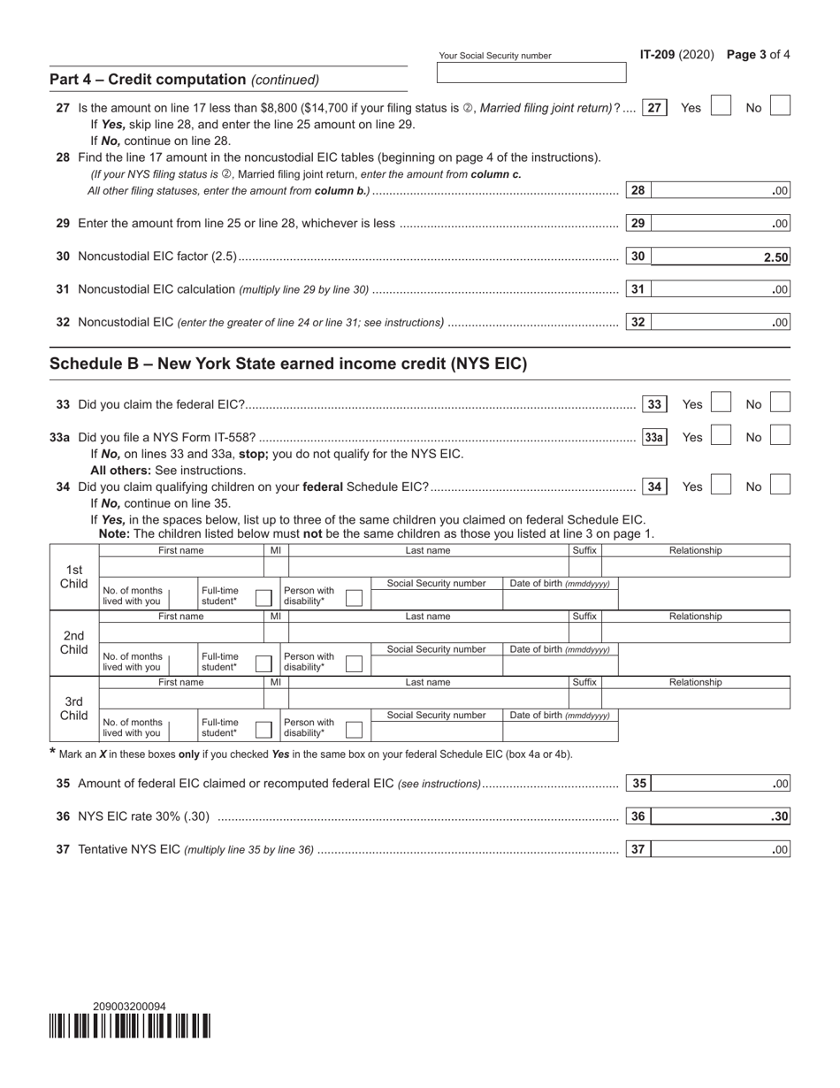 Form IT-209 Claim for Noncustodial Parent New York State Earned Income Credit - New York, Page 3