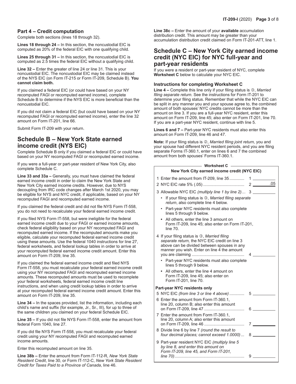 Instructions for Form IT-209 Claim for Noncustodial Parent New York State Earned Income Credit - New York, Page 3