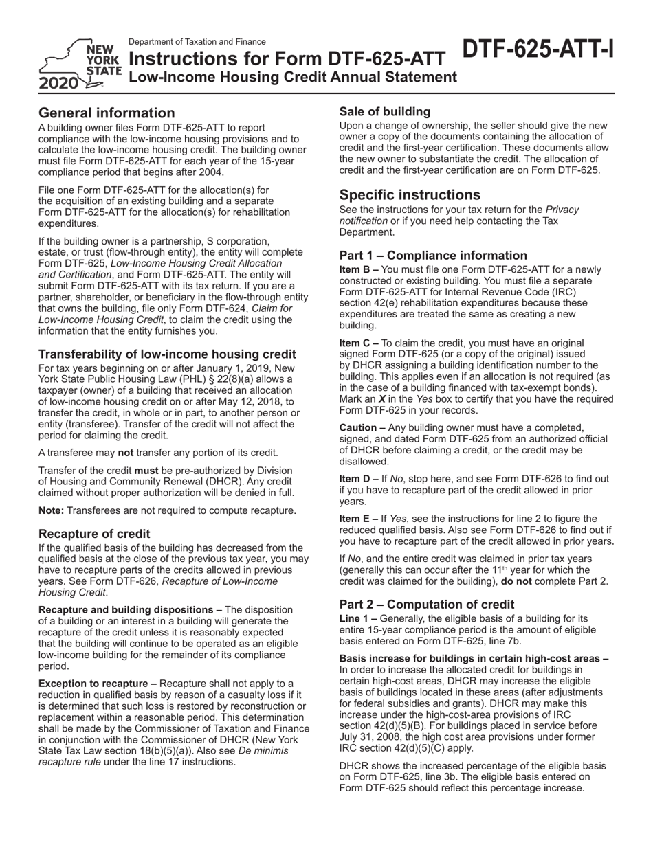 Instructions for Form DTF-625-ATT Low-Income Housing Credit Annual Statement - New York, Page 1